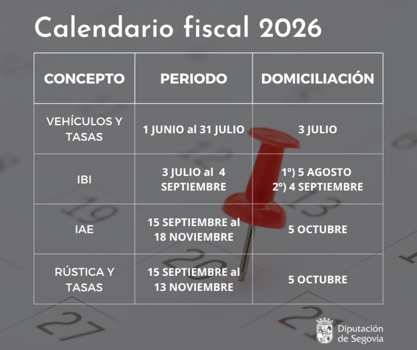 La Diputación de Segovia fija el calendario fiscal para 2026