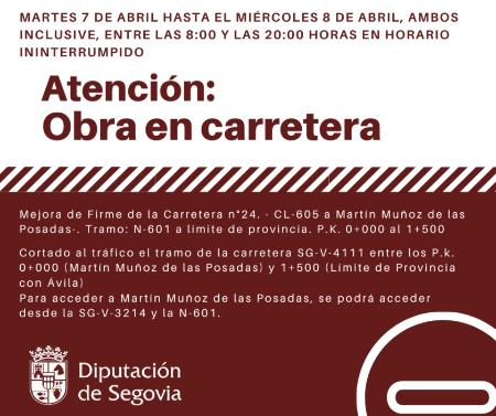 Las obras para la mejora del firme en la SG-V-4111 obligan a la Diputación al corte del tráfico durante dos días cerca de Martín Muñoz de las...