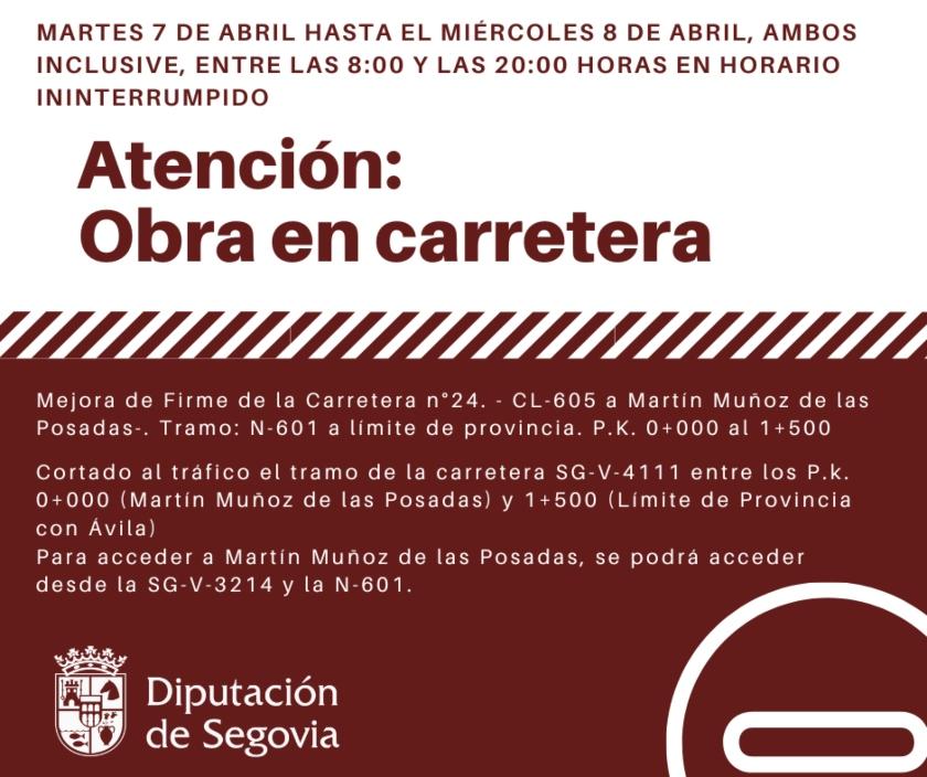 Las obras para la mejora del firme en la SG-V-4111 obligan a la Diputación al corte del tráfico durante dos días cerca de Martín Muñoz de las...