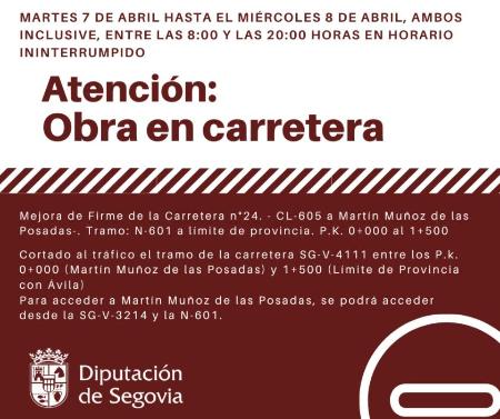 Imagen Las obras para la mejora del firme en la SG-V-4111 obligan a la Diputación al corte del tráfico durante dos días cerca de Martín Muñoz de las Posadas