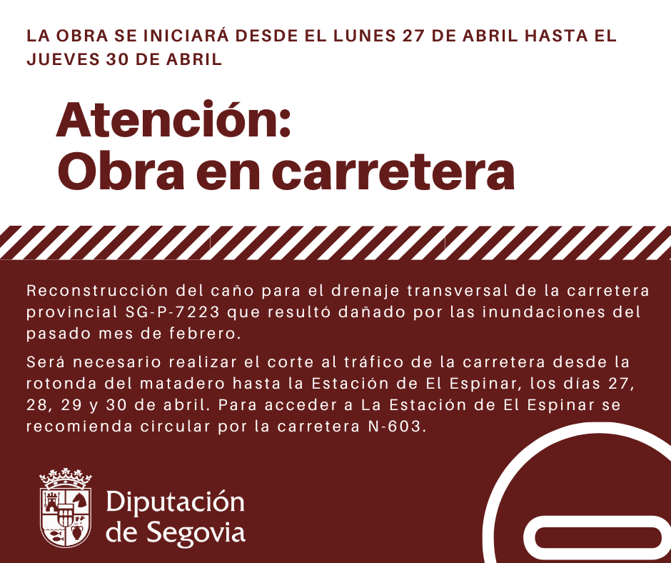 La Diputación de Segovia acometerá la obra de reconstrucción del drenaje transversal de la carretera provincial SG-P-7223 que resultó dañado...