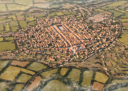 Imagen Reconstrucción ideal de Confloenta en el siglo II d.C. (infografía: J. R. Casals; según Martínez Caballero 2019).