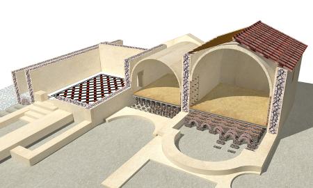 Imagen Termas de Fortuna. Fase II. Sección de alzado del caldarium y tepidarium (dibujo: J. R. Almaeida; según Martínez Caballero 2019).