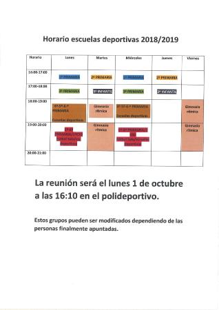 Imagen REUNIÓN Y HORARIO DE ESCUELAS DEPORTIVAS 2018/2019.