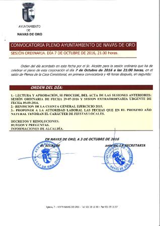 Imagen CONVOCATORIA SESIÓN ORDINARIA 7 DE OCTUBRE DE 2016