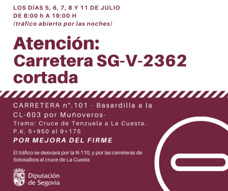 La mejora del firme en la carretera de Basardilla a la CL-603 por Muñoveros obligará a la Diputación a realizar cortes de tráfico los días 5,...