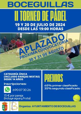 Imagen APLAZADO II TORNEO DE PÁDEL AL 30 Y 31 DE AGOSTO