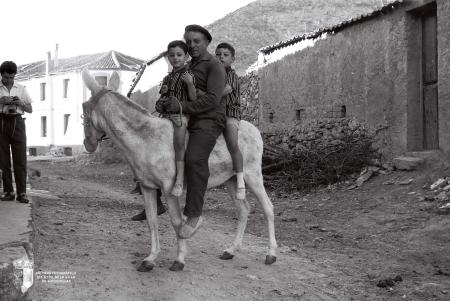 Carlos y Jesús Chacón de Antonio en el burro, con su abuelo Cayo de Antonio (1962)